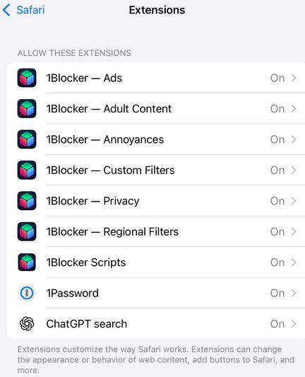 A screenshot of Safari extensions settings, showing various 1Blocker options such as Ads, Adult Content, Annoyances, and Privacy, along with 1Password and ChatGPT search extensions, all marked as "On."