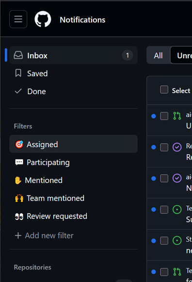 The github notifications window, the navigation shows the inbox with one unread message, the screen shot is cropped tightly enough to only include the navigation and the 4 "unread" markers to the left of the top top 4 notifications. This inbox has many more than 1, or even 4 unread messages