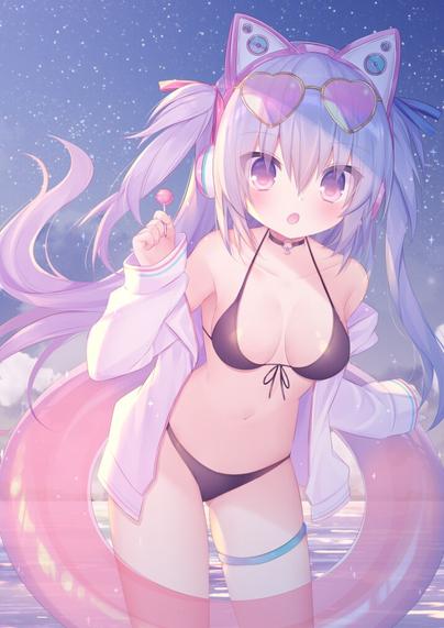 a pink hair catgirl in a black bikini with a lolypop in her hand and a buoy around her