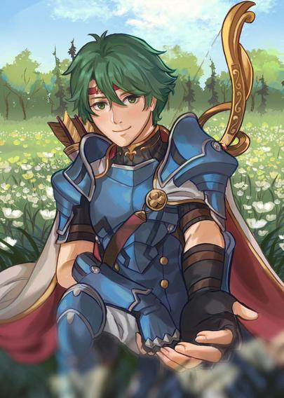 Alm in a field of white and pale yellow flowers. He has his hand outstretched to the viewer as he wears blue armour with a bow on his back.