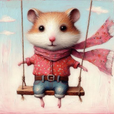 KI-Bild (DALL•E3):

Ein kleiner Hamster schaukelt. Holly trägt ein rosa Hemd mit Muster, Jeans und einen im Wind flatternden dünnen Schal. Holly findet, es müsste immer Hamstag sein! Meeps, seine Mausfreundin (nicht im Bild), ist schon ganz neidisch und will jetzt auch endlich auf die Schaukel.