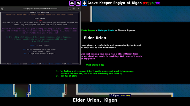 Screenshot of a platform game with a dialog box open for the player to interact with an NPC. On top is a second window with the same interaction shown in a terminal.