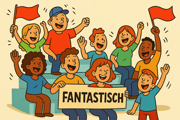 Eine Zuschauermenge auf einer Tribüne jubelt und schwenkt Fahnen. Ein Mann und eine Frau halten ein Transparent mit der Aufschrift FANTASTISCH.