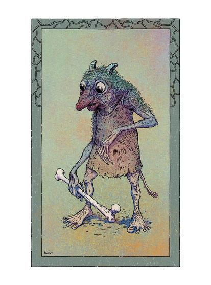 Illustration of an ogre-like monster, wearing rags, holding a huge femur.