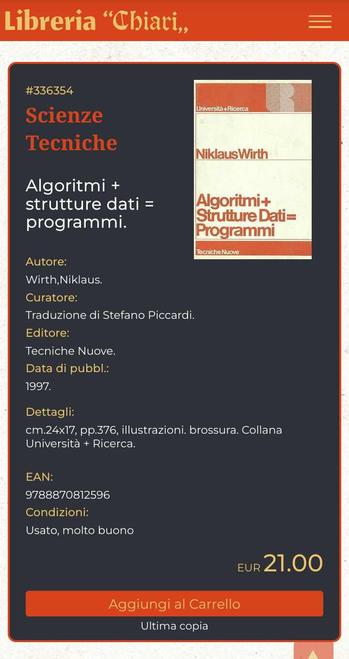 Schermata sito Libreria Chiari

Libro di Niklaus Wirth, "Algoritmi + Strutture Dati = Programmi", 1997