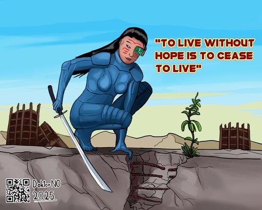 A cyborg woman dressed in blue bodysuit, with a sword in one hand, crouching on a broken ferroconcrete slab, with ruins of skyscrapers in the background.