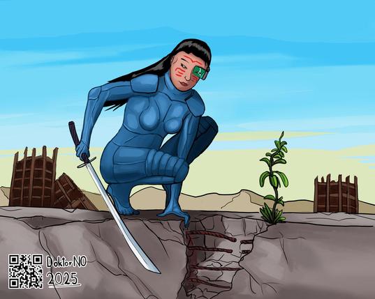 A cyborg woman dressed in blue bodysuit, with a sword in one hand, crouching on a broken ferroconcrete slab, with ruins of skyscrapers in the background. and a quote "To live without Hope is to Cease to live."