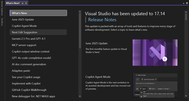 A "what's new" screenshot for MSVC showing a bunch of AI-related stuff.