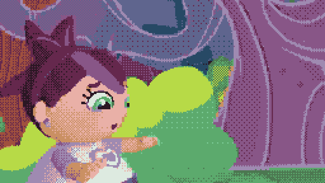 Willow, a girl with no legs on a nature hike with her friends, catches her balance to avoid wobbling into a mud puddle.

Still from Weebles episode "Two Lefts Make It Right" (2016) with Color Cell Compression. Dithering is noticeable.