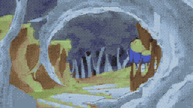 Sonic the Hedgehog runs around a loop made of tree branches.

Still from Sonic CD intro with Color Cell Compression. Dithering is noticeable.