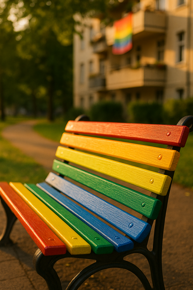 Eine scharf abgebildete Holzbank, die  in Regenbogenfarben lackiert ist ist vor einem in schwarz- weiß gehaltenen Hintergrund zentral zu sehen!