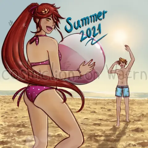 Digital fully rendered illustration of Grell Sutcliff and Ronald Knox from Black Butler, Grell drawn from the knees up and Ronald full body. They are at the beach on a sunny day. Grell is up close, she is wearing a two-piece pink bikini with tiny white stars, a bracelet with seashells on her right hand, a yellow flower on the right side of her hair and earrings. She isnot wearing her glasses. Her nails are painted red and her lips pink. Her hair is tied with a pink ribbon. She is holding a pink and white beach ball, her back is turned to the viewer but she is looking back and smiling at them. Ronald is further away in the back, he is wearing light blue swimming shorts with a pattern of green leaves. He is smiling and waving at Grell.