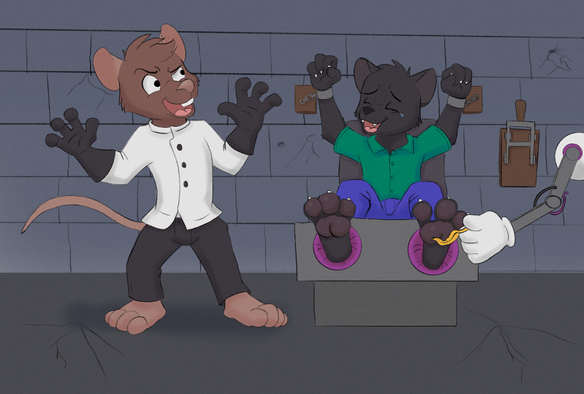 A rat in a mad scientist's white coat, black pants, and rubber gloves laughs evilly while his victim, a black cat in a green shirt and blue pants, is mercilessly tickled on his feet by a robot arm holding a feather.