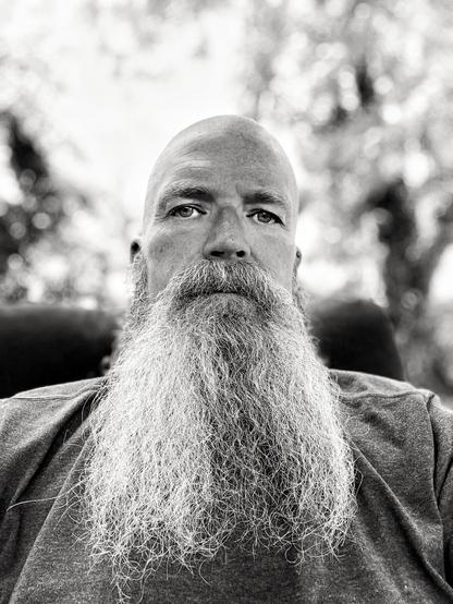 Portrait of a man with a long graying beard and a shaved head.