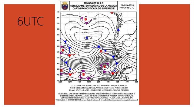 superficie pronosticada 6 UTC Frente frio arribando a las costas occidentales de la parte Austral de la Patagonia