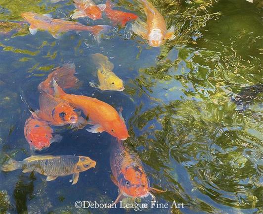 Hungry Koi Fish depicts multiple fish swimming over and under one another in an attempt to be the first to capture a bite of food at feeding time. I encountered these voracious fish while playing miniature golf at Lakewood Ranch, Florida. I was enchanted by the play of light on the water, fish and green plant life.