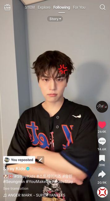 Tiktok video in which Seungmin's looking at the camera and pouting, with his arms crossed.