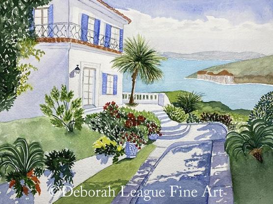 Charming Mediterranean seascape. The artwork captures a serene coastal scene featuring a white villa with blue shutters surrounded by lush greenery and vibrant flowers. A stone pathway leads to a terrace overlooking the calm blue waters and distant cliffs, evoking a sense of relaxation and tranquility. Perfect for lovers of seaside escapes, Mediterranean architecture, and nature-inspired art.