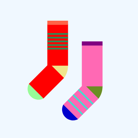 Two socks: One is a Red sock with a Khaki heel, a PaleGreen toe, and a Tomato cuff, with five SeaGreen stripes on the leg, and the other is a HotPink sock with an OliveDrab heel, a MediumBlue toe, and a Purple cuff, with  three Turquoise stripes on the foot, all on an AliceBlue background.