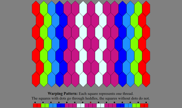 An Inkle weaving diagram and warping pattern in the color sequence listed in the text description: The warping pattern is a line of colored boxes with small dots above every other one, above which it states: "Warping Pattern: Each square represents one thread. The squares with dots go through heddles, the squares without dots do not." The weaving diagram is a series of tessellated lozenge shaped tiles illustrating how the pattern will appear when woven.