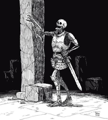 Skeleton in armour steps forwards with one arm raised as if towards a character off screen