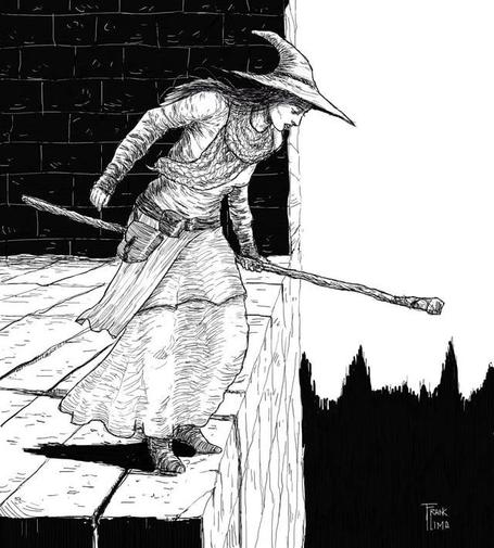 Adventurer with long dress, witch's hat, wooden staff looks down from the edge of a high battlement(?)