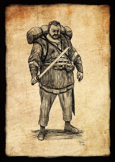 Stout adventurer with heavy backpack stands with sword drawn
