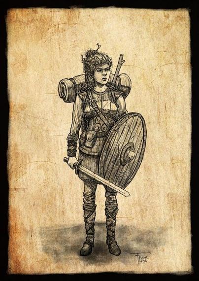 Slight adventurer with backpack and staff on back; sword and round shield in hand. She has a stick(?) in her hair