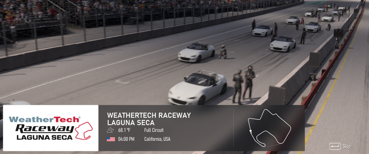 A screenshot of Forza Motorsport showing lots of Mazda MX-5 race cars lined up on the grid at Laguna Seca before the start of the race. All of the cars, apart from my car which is right at the back, are plain white.