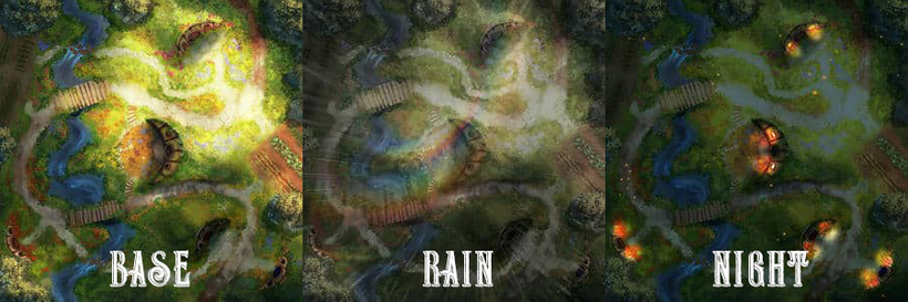 Shire, Hobbiton-Inspired Battle Map and its variations by Domille's Wondrous Works. It features a sunlit shire scene.