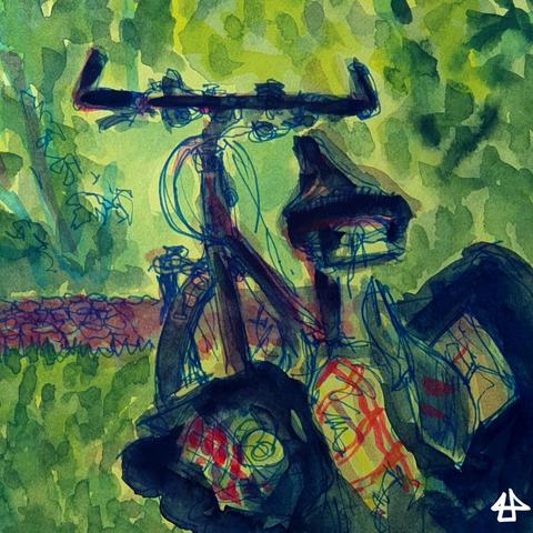 Aquarellierte Finelinerzeichnung, ein schwarzes Fahrad mit grossen offenen Satteltaschen, drum herum unscharf grüner Park.