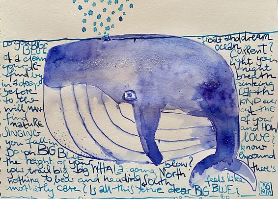 A blue whale drawn in ink surrounded by an „ocean“ of words that form a poem.