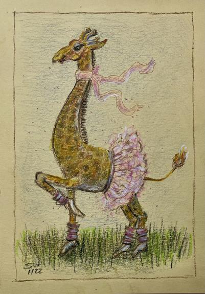 Sketch of a giraffe wearing a pink scarf, a tutu and balet point shoes on beige carton