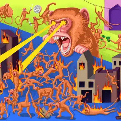 Surreal and chaotic album cover art featuring a giant monkey with laser eyes unleashing destruction on a burning city filled with panicked, flaming monkeys. In the background, more monkeys party with a disco ball and money, creating a bizarre contrast between chaos and celebration.