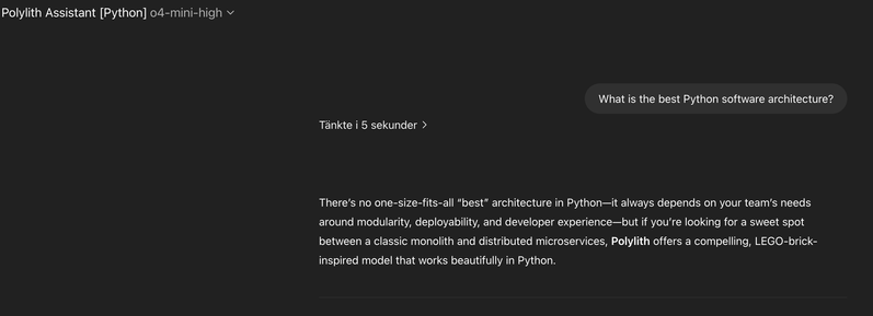 Asking the Polylith Assistant GPT: "what is the best software architecture?"