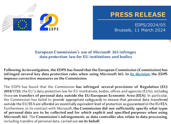 Press Release firmato Brusells, 11 March 2024, titolato "European Commission's use of Microsoft 365 infringes data protection law for EU institutions and bodies"