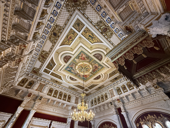 A throne room so ornately decorated it’s hard to describe. Detail, painting, carving and gold leaf everywhere including on the ceiling which is heavily painted in the centre. Castle Schwerin in northern Germany.