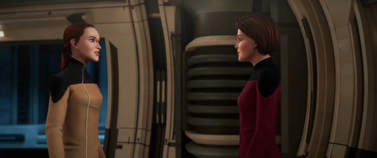 A shot of the Brenari Ensign talking with Admiral Janeway on the Dauntless.  From E119