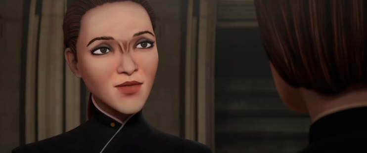 A close-up shot of the Brenari Ensign talking with Admiral Janeway on the Dauntless.  From E119