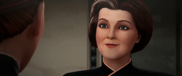 A close-up shot of Admiral Janeway talking with the Brenari Ensign on the Dauntless.  From E119
