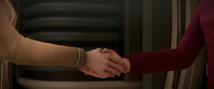 A close-up shot of the Brenari Ensign shaking hands with Admiral Janeway on the Dauntless.  From E119