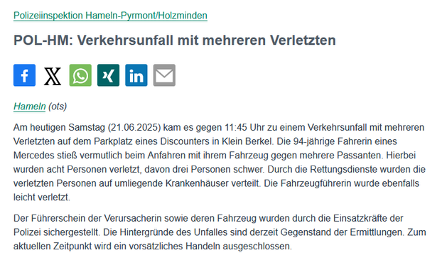 Polizeimeldung im Internet - Wortlaut