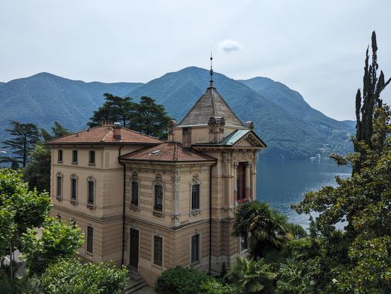 An Italian style villa by the side of the lake Lugano. It is only accessible by boat, or on foot or by bike.