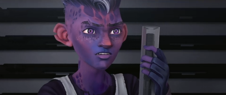 A close-up shot of Dal talking with Gwyn (who is off-camera in front of him) on the Protostar.  From E119