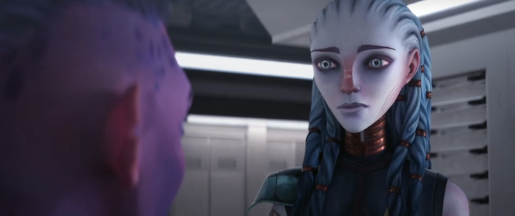 A close-up shot of an emotional Gwyn looking at Dal on the Protostar.  From E119