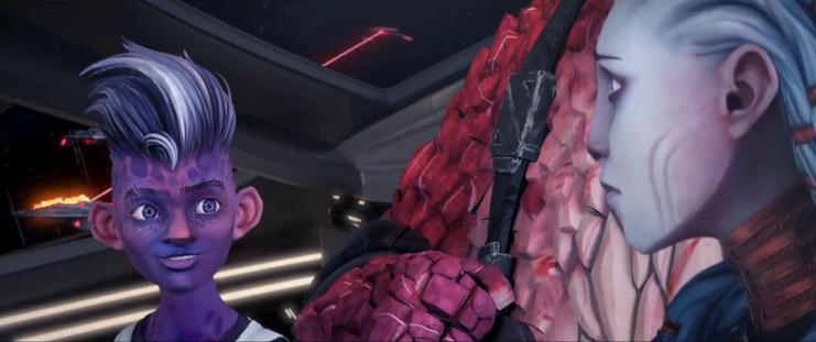 A shot of a smiling Dal talking with Gwyn on the bridge of the Protostar.  From E119