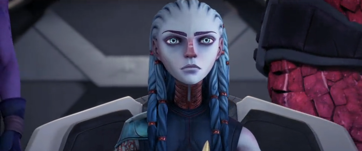 A close-up shot of a determined Gwyn sitting in the Captain's chair on the bridge of the Protostar.  From E119
