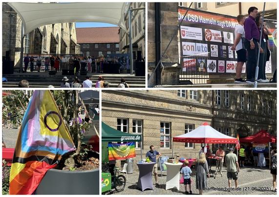 Collage CSD HM, Hochzeitshausterrasse und Infostände.