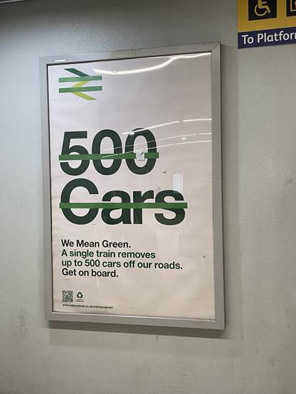 Poster of UK national railroad. 
one train replaces 500 Cars.