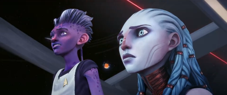 A close-up shot of a very concerned Gwyn sitting in the Captain's chair on the Protostar bridge.  Dal is standing beside her.  From E119